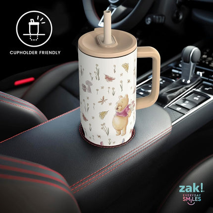 Zak Designs Disney Winnie The Pooh Sutton Travel Tumbler for On The Go, 30oz Stainless Steel with Vacuum Insulation, Silicone Straw, and Carry Handle for Cold Drinks (Pooh and Friends)