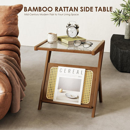 Bamworld Rattan Side Table Boho NightStand Mid Century Modern End Table Glass Bedside Table Small End Tables Bamboo Coffee Table with Storage Record Player Stand for Living Room Bedroom