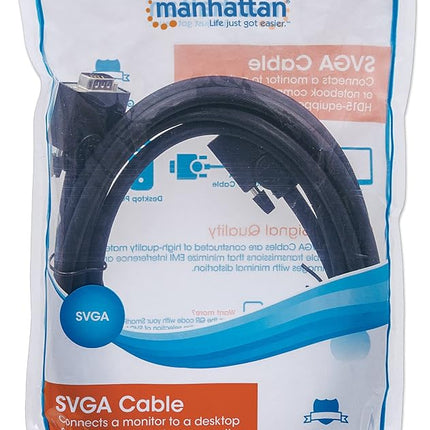 Manhattan SVGA Monitor Cable, HD15, 3m, Male to Male, Compatible with VGA, Fully Shielded, Black, Lifetime Warranty, Polybag