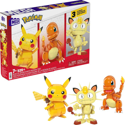 MEGA Figurine articulée Pokémon, jouet de construction pour enfants, trio de la région de Kanto avec 529 pièces, Pikachu, Salamèche, Miaouss à construire et à positionner