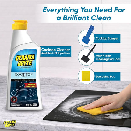 Cerama Bryte Combo Kit POW-R Grip, Scraper, Pad & Removes Tough Stains Cooktop and Stove Top Cleaner for Glass - Ceramic Surfaces, 10 Ounces, 4 Piece