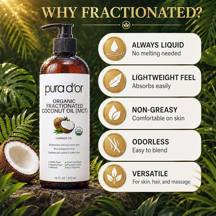 Pura D'or Organic Fractionated Coconut Oil (16oz / 473ml) USDA Certified 100% Pure & Natural MCT Oil Sustainably Sourced Hexane Free Moisturizing Carrier Oil For Face, Skin & Hair (Packaging may vary)