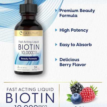 Liquid Biotin 10000mcg Extra Strength Drops | 2 oz | for Hair, Skin, Nails | Vegetarian, Non-GMO, Gluten Free Supplement | by Carlyle
