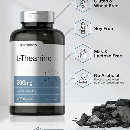 L Theanine 200mg | 400 Capsules | Value Size | Non-GMO, Gluten Free Supplement | by Horbaach