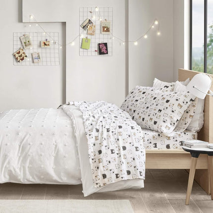 Intelligent Design Cozy Soft Juego de sábanas de franela 100% algodón con estampado de animales y estrellas, cálido, ultrasuave para clima frío, Queen, gatos gris/rosa, 4 piezas