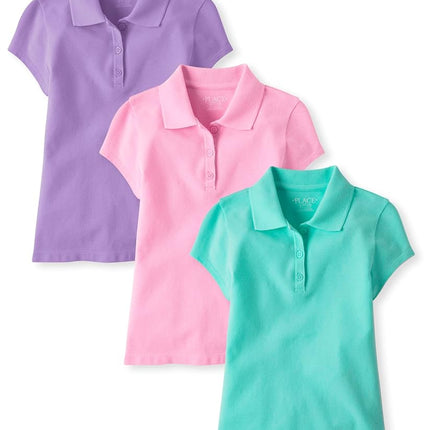 The Children's Place Girls' Multipack Short Sleeve Pique Polos, Seafrost/Sparkle Pink/Purple 3-Pack, X-Large