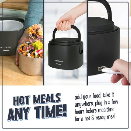 Lonchera eléctrica portátil Nostalgia de 20 onzas con calefacción – Tamaño de viaje, capacidad de 2.5 tazas para sopa, chile y sobras – Tapa sellada de silicona a prueba de fugas, asa de transporte plegable, cable desmontable – Negro