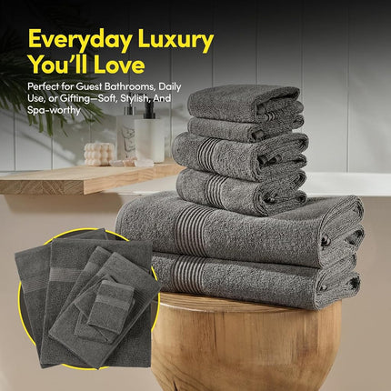 Bath Towels 8 Piece Towel Set – 100% Combed Cotton – Bath + Hand + Washcloths – Oeko-TEX Certified Soft & Absorbent Towels with Durable Double-Stitched Edges for Bathroom or Guest Spa, Gray
