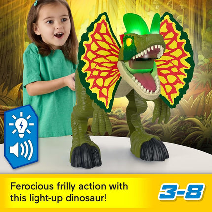 Fisher-Price Imaginext Jurassic World Dinosaur Toy Thrash Attack Dilophosaurus 16+ Inch Figure with Lights & Sounds for Kids Ages 3+ Years, HVY16