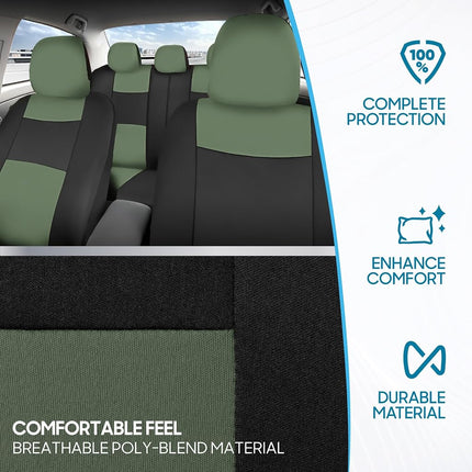 BDK PolyPro Car Seat Covers Full Set in Green on Black, Front and Rear Split Bench Seat Covers for Cars, Easy to Install Car Seats Cover Set and Accessories for Auto Trucks Van SUV - Green