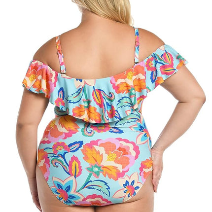 Traje de baño de una pieza con volantes y hombros descubiertos para mujer La Blanca, Multicolor//Breezy Beauty, 24 Plus