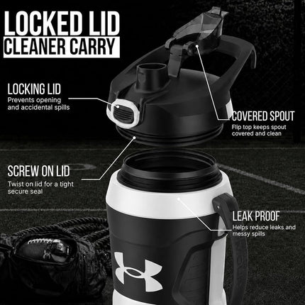 Under Armour 64oz Insulated Water Bottle with Handle, Foam Insulated & Leak Resistant, Sports Water Jug, Fence Hook, Dishwasher Safe, Black / Pitch Gray, for Baseball, Football & More