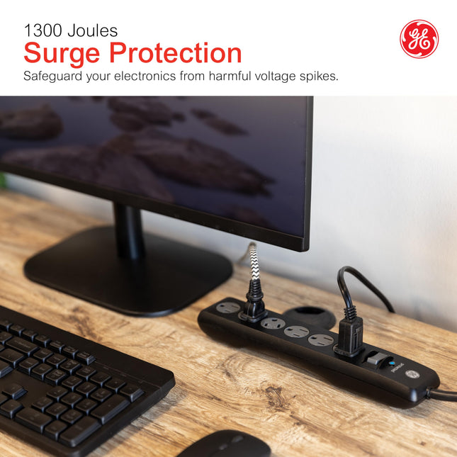 GE 6-Outlet Surge Protector, 8 Ft Extension Cord, Power Strip, 1300 Joules, Flat Plug, Twist-to-Close Safety Covers, Protected Indicator Light, UL Listed, Black, 33662