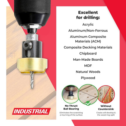 Amana Tool 55227 Carbide Tipped Countersink with No Burning and No Marring Adjustable Depth Stop with No-Thrust BB, 3/8 D x 1/8 Drill D x 1/4 Inch Quick Release Hex SHK