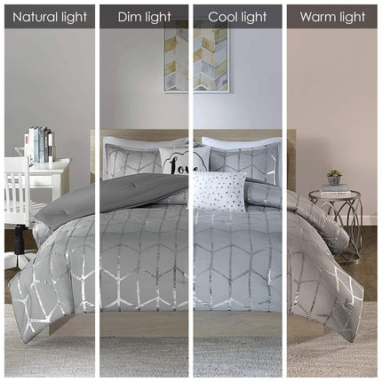Intelligent Design Raina King/Cal King Comforter Set, Soft Microfiber Comforter Set King, Modern Geometric Metallic Bed Set, 5 Pieces College Bedding Comforter Set with 2 Shams, 2 Toss Pillows Grey