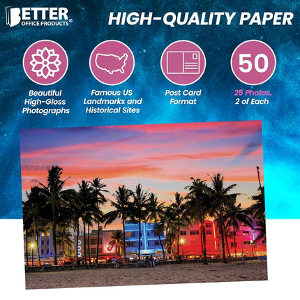 Better Office Products 50 Pack Travel Postcards, Famous US Landmarks and Historical Sites, High Gloss Photo Post Cards, 4 x 6 inch, 25 Amazing Photos of National Landmarks, by