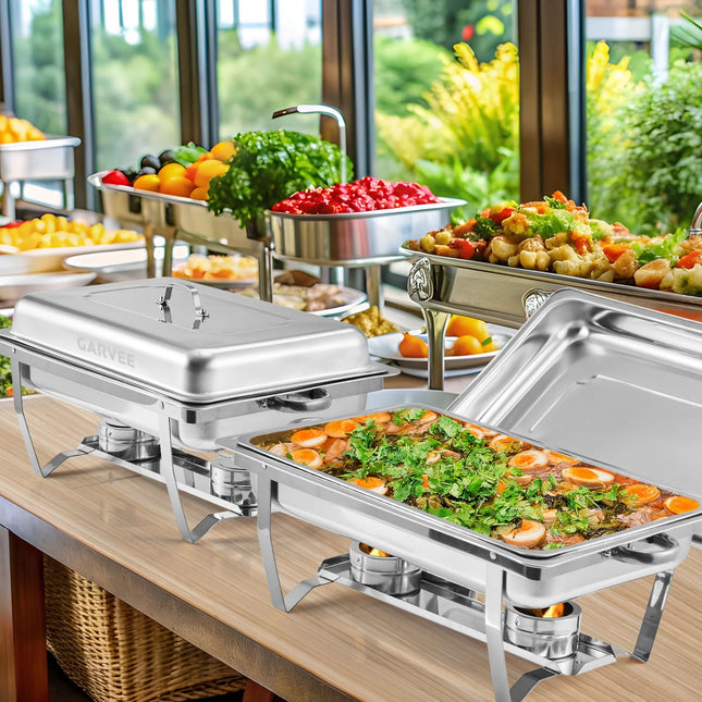 Garvee Chafing Dishes para Buffet Juego de 2, 8Qt Acero Inoxidable Chafers y Calentadores de Buffet con Tapa, Chafing Dishes Rectangulares para Fiestas, Calentador de Comida para Banquetes de Boda y Catering, Plateado