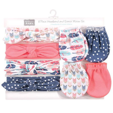Hudson Baby Baby Girls' Cotton Headband and Scratch Mitten Set, Feathers, 0-6 Months