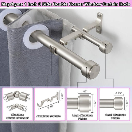 Tringle à rideaux double Mayrhyme en nickel brossé pour baie vitrée d'angle, avec embouts et supports en aluminium, tringles à rideaux doubles pour baie vitrée de 2,5 cm de diamètre, tringle à rideaux double réglable sur 2 côtés de 81 à 218 cm