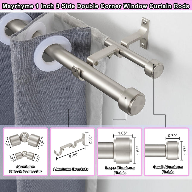 Mayrhyme Brushed Nickel Double Corner Window Curtain Rods with Aluminum End Cap Finials and Brackets,1 Inch Diameter Dual Bay Window Curtain Rods, Adjustable 2 Sided 32-86 Inch Double Drapery Rod