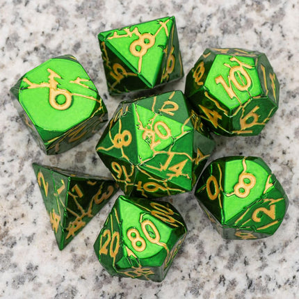 Metal Dice for DND - Ancient Cracked Lightning - Green Gold Cracks
