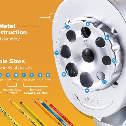 Bostitch Office Wall Mount Manual Pencil Sharpener, Tip Saver, 8 Hole Dial, 6X Longer Cutter Life, Vertical or Horizontal Mounting, Silver
