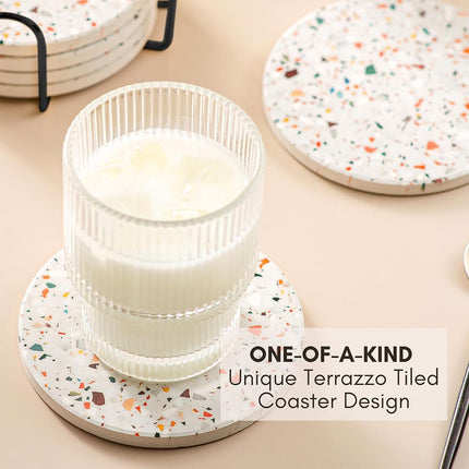 Absorbent Coaster Set of 6 with Holder, Drink Coasters for Coffee Table, Kitchen, Home Decor, Cute Ceramic Round Coasters, Alternative to Silicone, Cork or Glass Coaster (Black Marble)