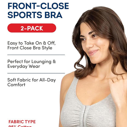 Fruit of the Loom Women's Front Close Sports Bra, Black hue/Heather Grey