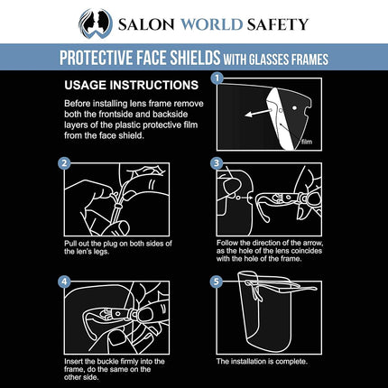 TCP Global Salon World Safety Face Shields with Black Glasses Frames (Pack of 25) - Ultra Clear Protective Full Face Shields to Protect Eyes, Nose, Mouth - Anti-Fog PET Plastic, Goggles