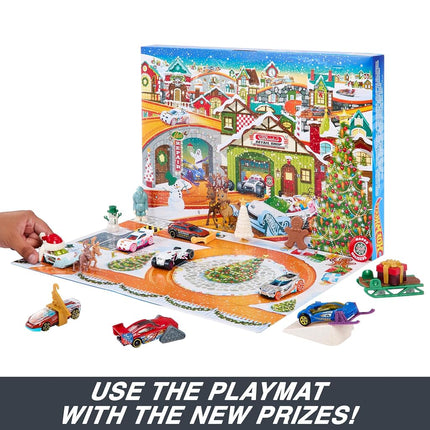 Hot Wheels Advent Calendar, 8 Hot Wheels Cars and 16 Winter-Themed Accessories behind 24 Numbered Doors Plus a Playmat, For Kids & Hot Wheels Fans, HKL74