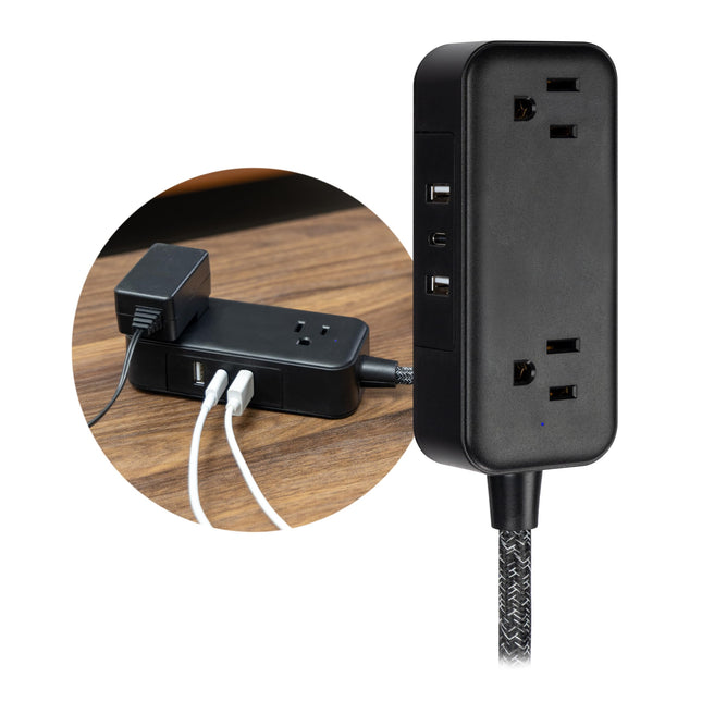 GE Flat Plug Power Strip Extension Cord with USB Ports, Travel Power Strip with 2 Outlets 3 USB Ports, Cruise Ship Essentials, 6 Ft Braided Small Extension Cord Flat Wall Plug, ETL Listed Black, 82586