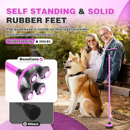 BeneCane Walking Cane for Men & Women Walking Stick for Seniors Folding Canes Quad Cane Adjustable Lightweight Sturdy Free Standing Collapsible Heavy Duty with Soft TPR T-Handle and Travel Bag Pink