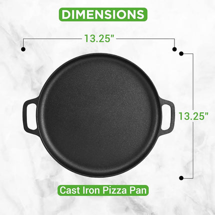 Nutrichef 13-Inch Flat Cast Iron Pizza Pan - Versatile Pre-Seasoned Round Cooking Griddle w/Built-in Handles for Oven, Grill, Stove, and Campfires - Includes 2 Heat Safe Silicone Grips