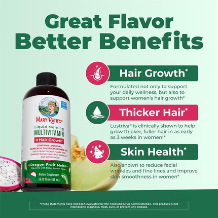 MaryRuth's Liquid Multivitamin + Hair Growth | Biotin 10000mcg | Lustriva Hair Growth Supplement | Clinically Tested in Women for Thicker Hair & Facial Wrinkle | Skin Care | Ages 18+ | 15.22 Fl Oz