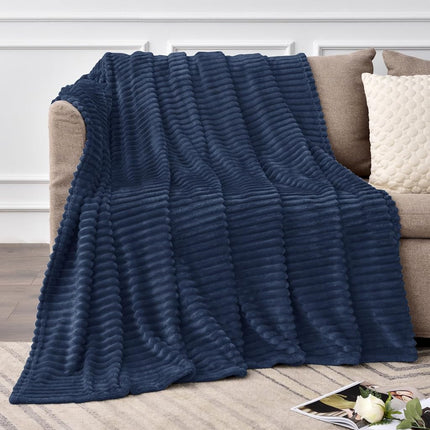BEDELITE 3D Ribbed Navy Blue Fleece Throw Blanket for Couch, 50x70 Inch