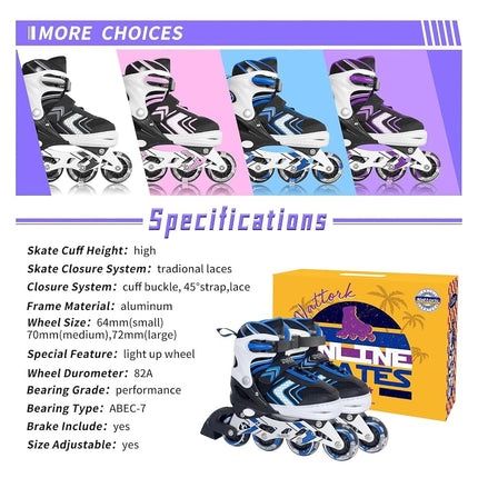 Nattork Inline Skates for Girls and Boys with Full Light up Wheels, Adjustable Beginner Roller Skates for Kids Youth Blue