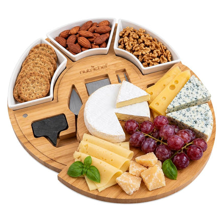 NutriChef Bamboo Cheese Board & Knife Set, Charcuterie Boards, Swiveling Serving Board, Cheeseboard Gift Set, Grazing Board Platter, Extra Large Round Plate w/ 3 Ceramic Bowls, Chalk & Slate Labels