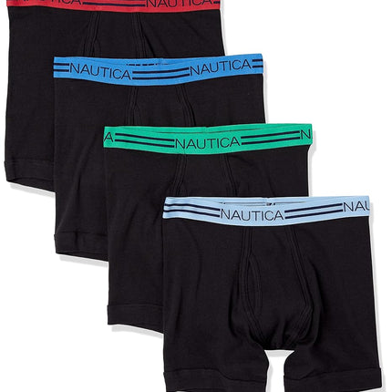 Nautica Men's Classic Cotton 4-Pack Boxer Briefs, Black-rose/Clear Sky/Noon/Deep Mint Waistband, M