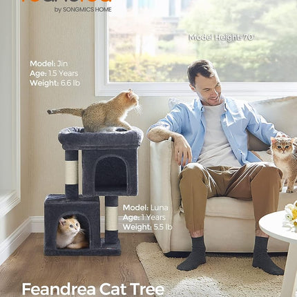 Feandrea Cat Tree Tower, 67 cm, S, Condo for Kittens up to 7 lb, Large Perch, 2 Caves, Scratching Post, Smoky Gray UPCT611G01