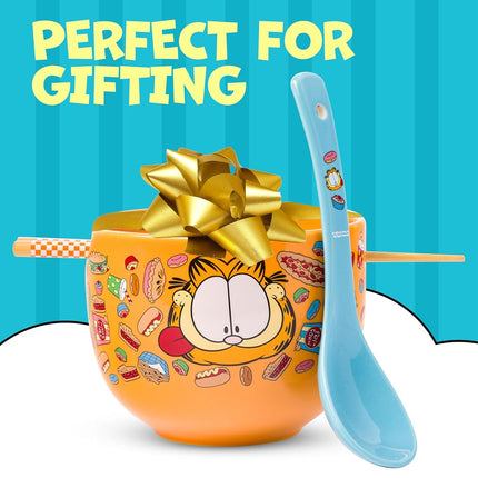 Silver Buffalo Garfield Hungry Junk Food Ceramic Ramen Noodle Rice Bowl with Chopsticks and Spoon, Microwave Safe, 20 Ounces