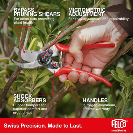 FELCO 2 Pruning Secateurs – 25 mm Cutting Diameter, for Large Hands, 215 mm Length, with Sap Groove, Straight Handles, Red