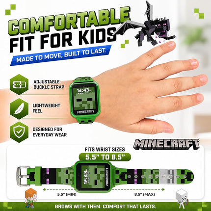 Minecraft Children's Smart Watch, Interactive Watch with LED Display with 10 Personalized Dials, Games, Camera, Alarm, Pedometer and More, Funny Technology Gift for