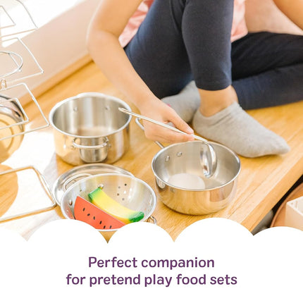 Melissa & Doug Stainless Steel Pots and Pans Pretend Play Kitchen Set for Kids (8 pcs), Silver