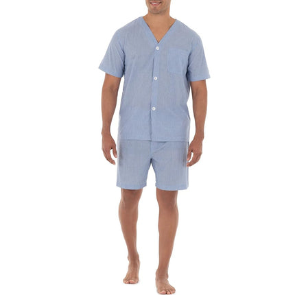 Fruit of The Loom Men's Broadcloth Short Sleeve Pajama Set, Blue Stripe, 4X