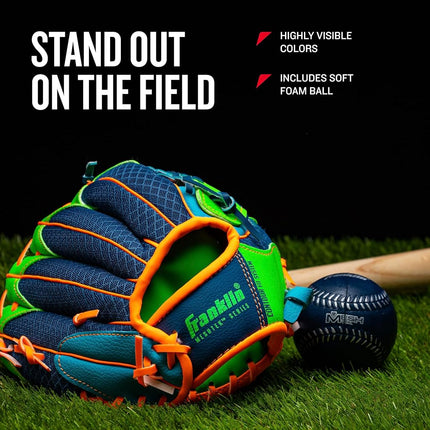 Franklin Sports Teeball Recreational Series Fielding Left Hand Glove with Baseball, 9.5-Inch, Purple/Lime/Pink/Yellow