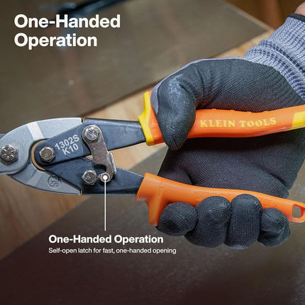 Klein Tools 1302S Aviation Tin Snips, Straight, Long Cut, Heavy Duty Metal Cutting Shears with Forged Steel Blade