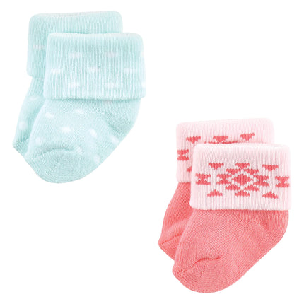 Luvable Friends Unisex Baby Newborn and Baby Terry Socks, Coral Mint Aztec, 6-12 months