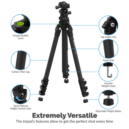 Sabrent 69 Inch Carbon Fiber Tripod With 360 Degree Camera Mount (TP-CF69)