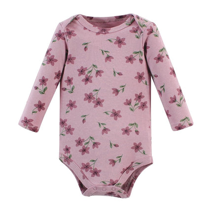 Hudson Baby Unisex Baby Unisex Baby Cotton Long-sleeve Bodysuits, Plum Wildflower, Preemie, Plum Wildflower 5 Pack, Preemie