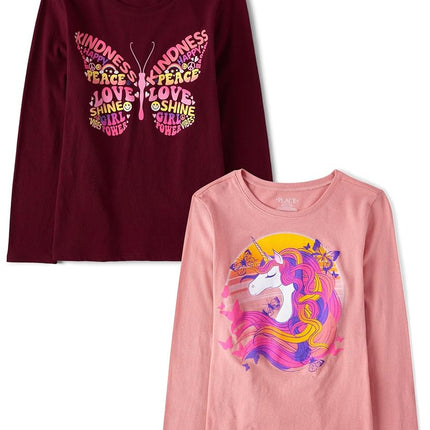 The Children's Place Girls' Assorted Everyday Long Sleeve Graphic T-Shirts,multipacks, Butterfly/Unicorn 2-Pack, X-Large